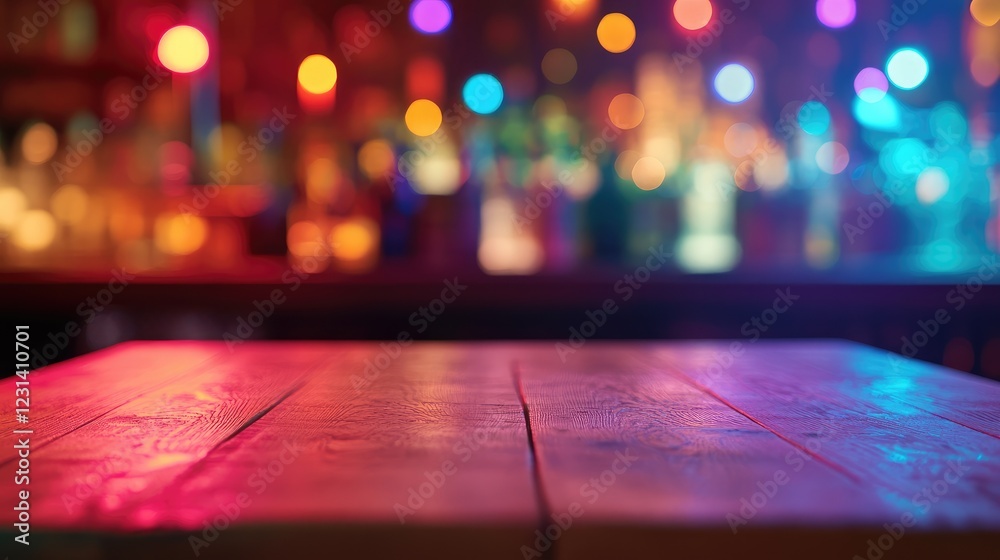 Poster A vibrant Miami bar scene with an empty wooden table for product display, featuring rainbow-colored bokeh lights and a lively atmosphere
