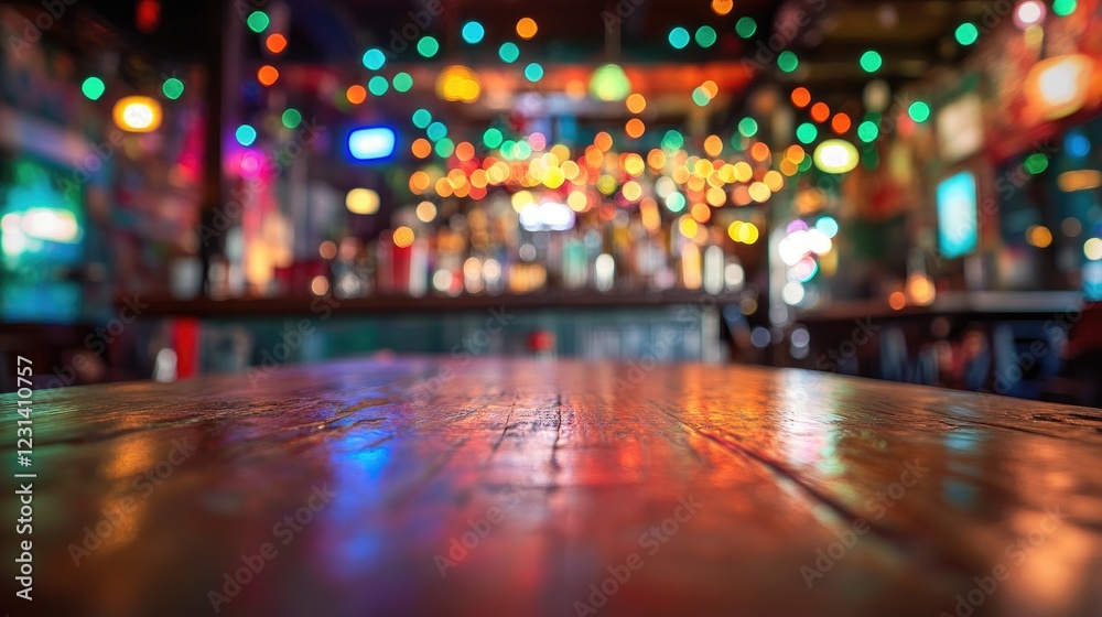 Poster a vibrant miami bar scene with an empty wooden table for product display, featuring rainbow-colored 
