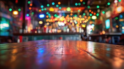 A vibrant Miami bar scene with an empty wooden table for product display, featuring rainbow-colored bokeh lights and a lively atmosphere