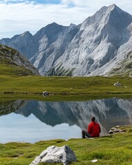 Fototapeta premium Person sits by serene mountain lake reflecting majestic peaks.