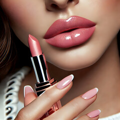 Obraz premium A Close up view of beautiful woman lips with light pink shiny lipstick