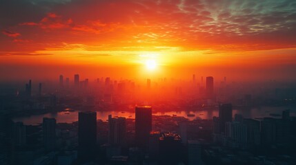 Fototapeta premium Fiery sunrise over hazy cityscape, river, urban panorama
