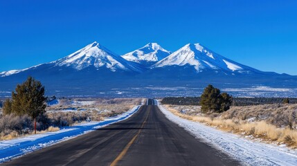 Fototapeta premium Scenic winter road leading to snow-capped mountains under a clear blue sky.