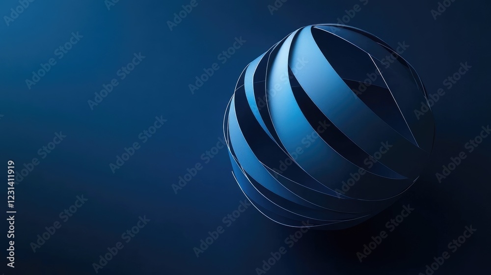 Poster an abstract blue geometric sphere sliced into layered pieces, set against a dark blue background, co