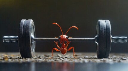 An ant lifting a large barbell over its head with ease, representing strength, ambition, and the power of small efforts in a humorous, bold scene