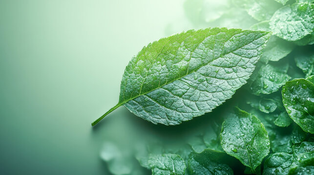 Green leaf surrounded by textured foliage on a soft green background