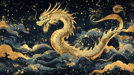 Golden Dragon Soaring Celestial Cloudscape, Night