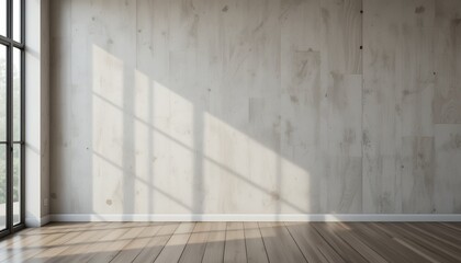 Sunlight casting shadows on a light grey interior with wooden floor