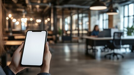 Woman Holding Smartphone In Modern Office Setting