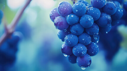Close up of blue grapes with dewdrops hanging from vine fresh fruit vineyard agriculture organic farming wine production healthy eating