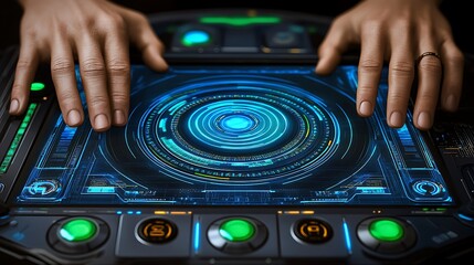 Hands on a futuristic control panel, digital display