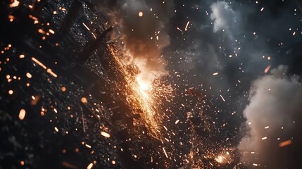 Fiery sparks and smoke explode from a dark surface, creating a dramatic, high-energy scene.