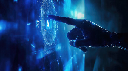 Futuristic exploration of artificial intelligence in a high-tech environment with a robotic hand touching a glowing interface. Generative AI