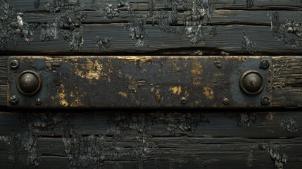 Grunge gold metal plate on dark wood background.