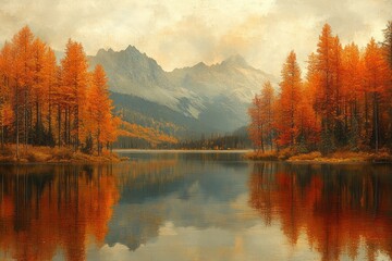 Fototapeta premium Serene Autumn Landscape with Calm Lake Reflecting Vibrant Trees and Snow-Capped Mountains in Tranquil Nature