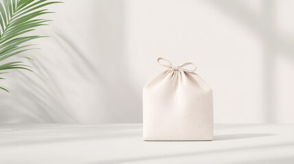 Cream-colored fabric gift bag with a bow, sitting on a white surface next to a palm leaf. Minimalist aesthetic.