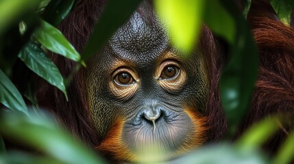 Obraz premium Orangutan peering through lush foliage.