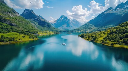 Fjord cruise, Norway mountains, summer, aerial view, tourism