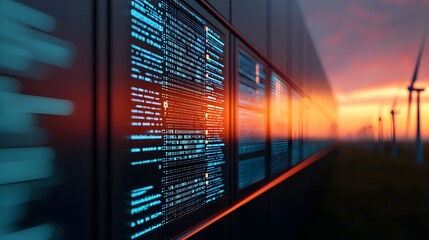 digital interface, computer code, holographic display, sunset landscape, wind turbines, futuristic technology, orange sky, data visualization, transparent screen, reflective surface, energy 