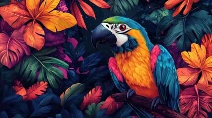 Obraz premium A hand-drawn illustration of a tropical bird with bright feathers, set against a vivid background of colorful foliage.