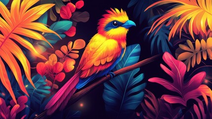 Obraz premium A hand-drawn illustration of a tropical bird with bright feathers, set against a vivid background of colorful foliage.