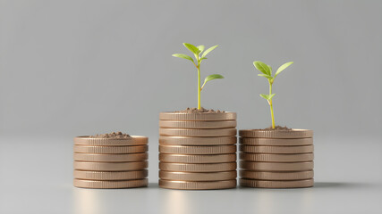 Financial planning, Money growth concept. Coins with young plant on white table.nvestment in business and smart saving of money lead to growth, wealth, and profit, fostering financial development.