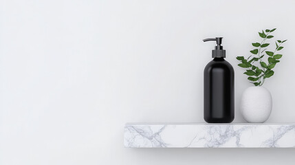 Black pump bottle with sprig of greenery sits on a marble shelf against a white wall. Minimalist bathroom decor.
