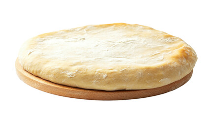 Raw pizza dough on wooden tray with transparent background