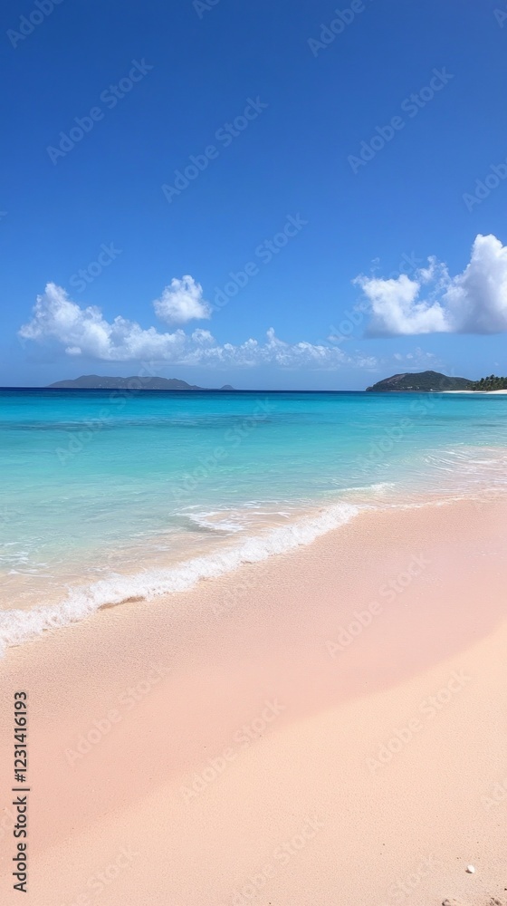 Poster enjoy the breathtaking view of a pink beach as gentle waves lap at the shore. the turquoise waters r