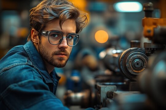 Vocational Training for Young Male Apprentices Learning CNC Lathe Operation with Experienced Mentor in Industrial Workshop