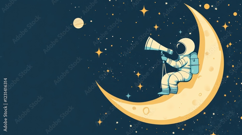 Canvas Prints astronaut sits on a crescent moon, using a telescope to observe the stars and planets in space.