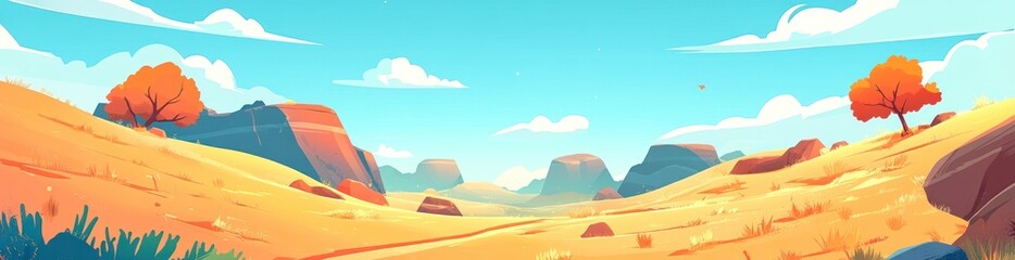 Sunny autumn landscape with hills, trees, and a clear sky.