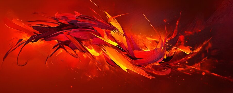 A dynamic red and orange abstract design with bold brush strokes and glowing edges