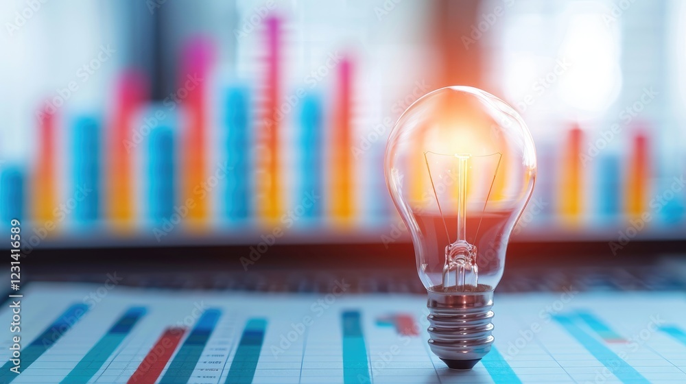 Poster light bulb illuminating financial graphs and data analysis concepts