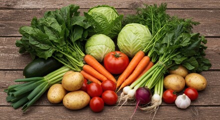 Fresh Organic Vegetables Harvest on Wooden Table