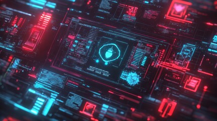 Obraz premium Futuristic digital interface with glowing data streams and a central security icon.