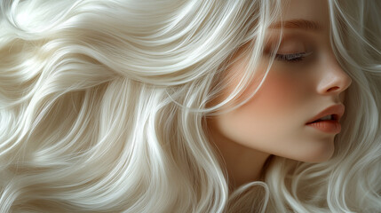 Naklejka premium Close-Up of a Woman with Shiny Blond Wavy Hair – Perfect for Beauty, Haircare, and Fashion Advertisements, Salon Branding, and Cosmetic Product Promotions 