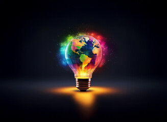 A glowing light bulb reveals a colorful, vibrant Earth within, radiating creativity and global innovation.  Sparks of color burst from its surface.