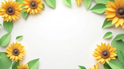 Fototapeta premium Paper craft sunflowers and leaves frame on white background.