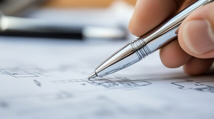 A hand holds a sleek pen poised above architectural blueprints, symbolizing precision and planning.
