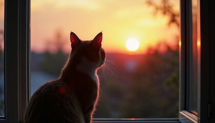 Cat sitting by a window watching sunset. nursery, pet, food, pet supplies, veterinarian, veterinary pharmacy, farm, rural background