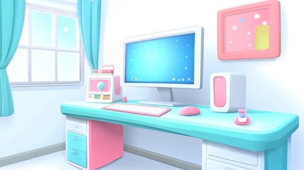 Pastel-colored computer setup in a bright, minimalist bedroom