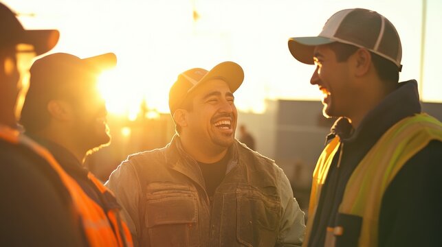 Diverse group of construction workers laughing together, sun flare adding a nostalgic feel.