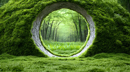 Mossy portal revealing serene forest path