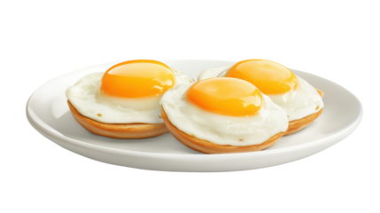 Three fried eggs sunny side up on english muffins on white plate with transparent background