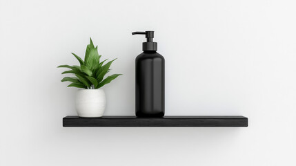 Black pump bottle and potted plant on a minimalist shelf.  Clean, modern aesthetic.