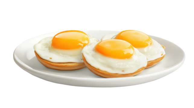 Three fried eggs sunny side up on english muffins on white plate with transparent background