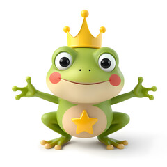 Fototapeta premium Cute little frog prince with a golden crown on head 3d illustration.Childish Frog With Crown Illustration. 