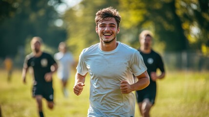 Obraz premium A man in a sports t-shirt and shorts, playing soccer outdoors with friends on a sunny day, showing team spirit and enjoyment.