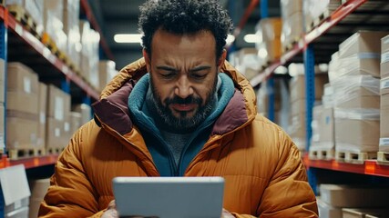 Worker analyzes inventory data in a warehouse while using a tablet during daytime - Powered by Adobe